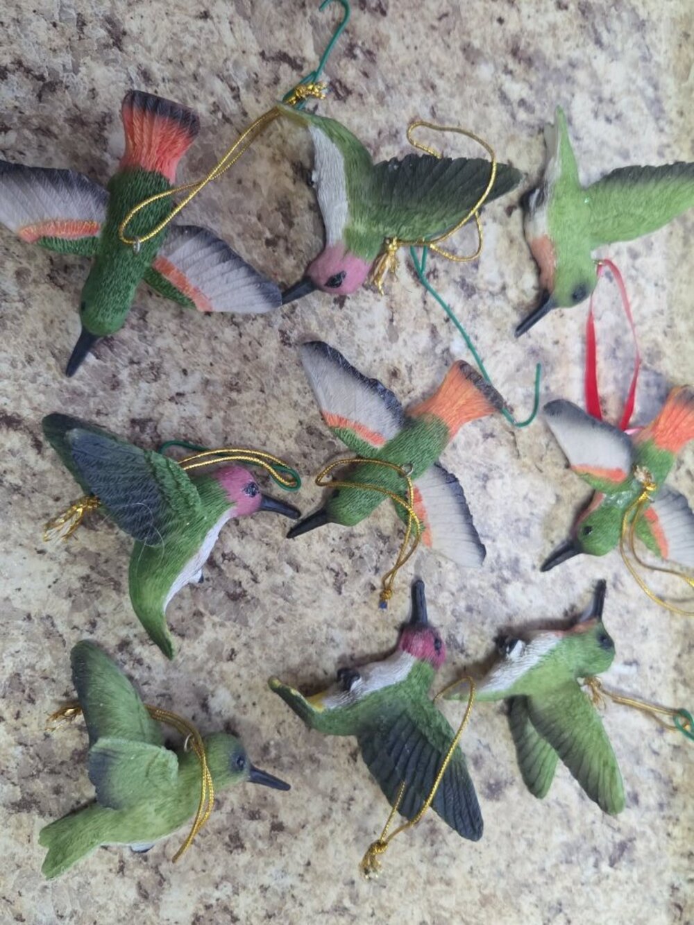 Set/Lot of 9 LIKE NEW Vintage Christmas Ornaments Resin HUMMINGBIRDS Colorful!